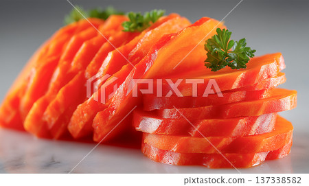 Freshly Sliced Carrots with Parsley Garnish Freshly Sliced Carrots with Parsley Garnish 137338582