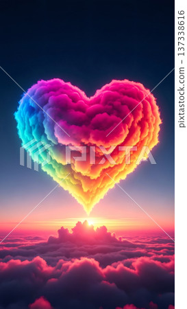 Colorful heart-shaped cloud formation rises above soft pink and purple clouds at sunset, showcasing vibrant hues and dynamic movement, with gradual zoom in. High quality photo Colorful heart-shaped cloud formation rises above soft pink and purple clouds at sunset, showcasing vibrant hues and dynamic movement, with gradual zoom in. High quality photo 137338616