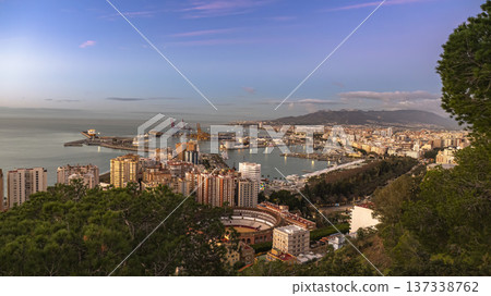 Panoramic City Harbor With Ocean Bay, Docks, and Mountain Range at Sunset in M?laga 137338762