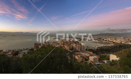 Panoramic City Harbor With Ocean Bay, Docks, and Mountain Range at Sunset in Malaga 137338765