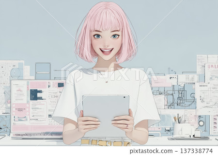 粉紅色頭髮的年輕女子正在平板電腦上編程 | Emi 系列，IT 工作圖片 137338774