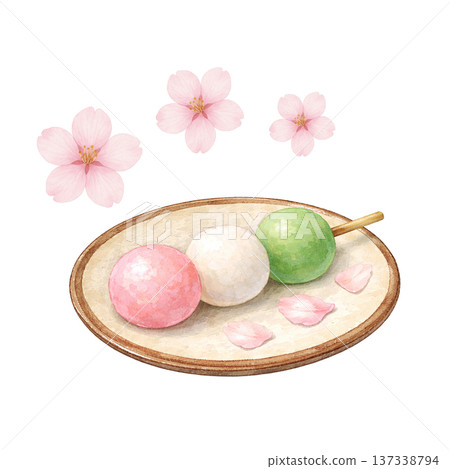 三色餃子和櫻花水彩插畫，春季日式甜點素材 137338794