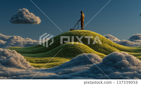 A silhouette of a person standing on a small green hill floating above a sea of clouds 137339058