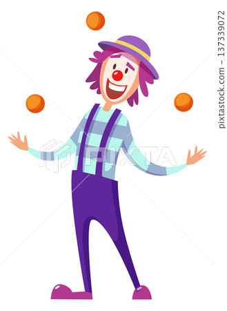 Juggling clown cartoon character. Carnival performer mascot Juggling clown cartoon character. Carnival performer mascot 137339072