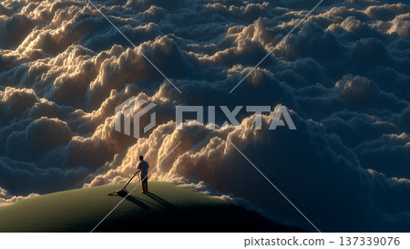 黃昏時分，一個人在波光粼粼的雲海中朝著光亮走去。 137339076