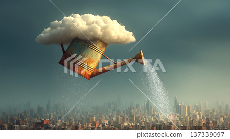 一隻飛翔的澆水壺正在澆灌城市建築物上空的積雨雲。 137339097