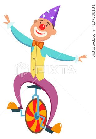 Clown ride unicycle. Circus performance cartoon mascot 137339131