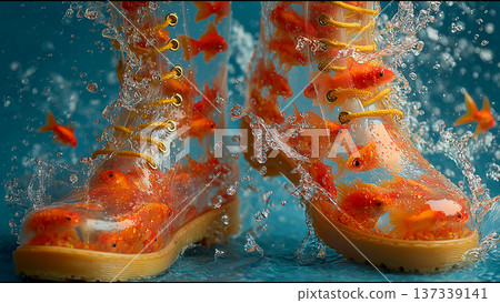Feet walking through a puddle in transparent boots filled with water and goldfish 137339141