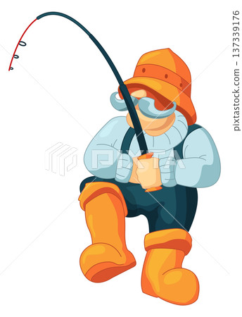 Angler cartoon character. Fishing man hold rod Angler cartoon character. Fishing man hold rod 137339176