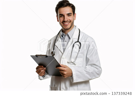 A happy, young healthcare professional in a white coat holding a clipboard with a stethoscope around the neck. Generative AI 137339248