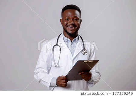A happy, young healthcare professional in a white coat holding a clipboard with a stethoscope around the neck. Generative AI 137339249