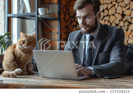 A professional man in a suit working on a laptop, with a ginger cat sitting beside him. Generative AI 137339253