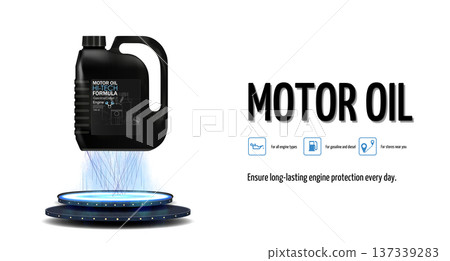 Motor oil pouring from container on a platform with blue lights in a modern design setting 137339283