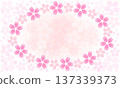 A cherry blossom wreath frame with copy space in the center and a spring-colored gradient background with fluttering petals 137339373