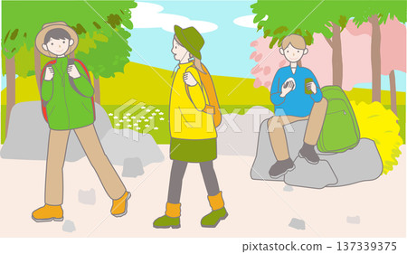 Illustration with background of people hiking in spring Illustration with background of people hiking in spring 137339375