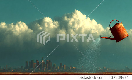 用澆水壺澆灌城市建築上空積雨雲的概念圖 137339685