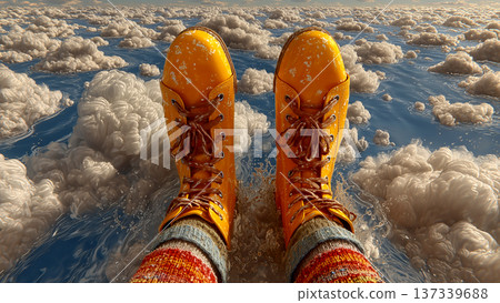 一個穿著橘色靴子的人站在雲海之上，低頭看著自己的腳。 137339688