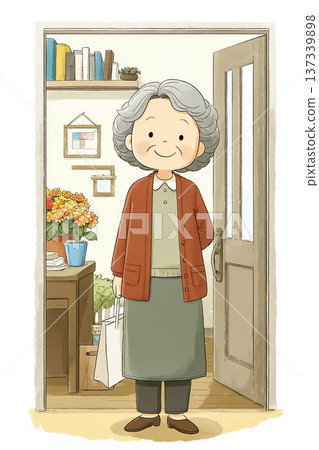 Smiling grandmother at the entrance | Family illustration of an elderly woman returning from shopping 137339898
