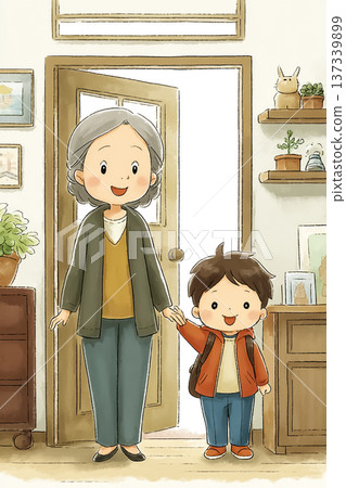 祖母和孫輩在門口迎接 | 溫馨的回家場景插圖 祖母和孫輩在門口迎接 | 溫馨的回家場景插圖 137339899