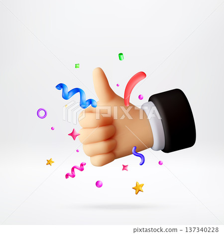 3D hand thumb up gesture with colorful confetti 137340228