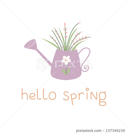 Cute watering can with spring plant and flower. Hand drawn pastel vector illustration with fresh mood. Perfect for greeting card, nursery print and garden decor. 137340230