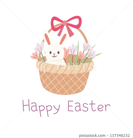 Easter basket illustration. Hand drawn cute style with bunny and spring flower. Holiday greeting card design. Easter basket illustration. Hand drawn cute style with bunny and spring flower. Holiday greeting card design. 137340232