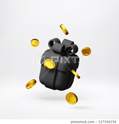 3D Black gift box and flying golden coins. 137340238