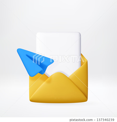 3D envelope with white paper and blue paper plane. 137340239
