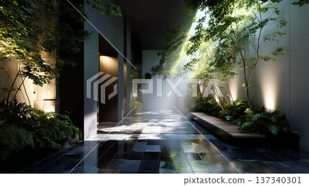 A modern indoor garden with sunlight filtering through the trees and a minimalist corridor 137340301