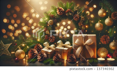 Attractive Christmas and New Year decorations featuring pine cones and a bokeh wreath Attractive Christmas and New Year decorations featuring pine cones and a bokeh wreath 137340302