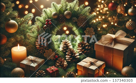 A heartwarming Christmas and New Year's scene decorated with pine cones and a wreath with a bokeh effect A heartwarming Christmas and New Year's scene decorated with pine cones and a wreath with a bokeh effect 137340303