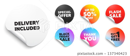 Delivery included sticker tag. Special offer paper price tags. Delivery included tag. Free shipping sign. Special offer symbol. Discount, black friday sticker. Promo banner. Vector 137340423