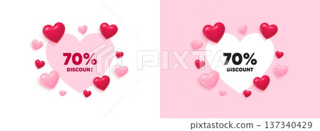 Discount heart shaped banner. 3d flying hearts. 70 percent discount tag. Sale offer price sign. Special offer symbol. Valentines day greeting card. Cute 3d love hearts. Vector 137340429