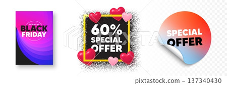 Discount photo frame 3d hearts. Special offer sticker banner. 60 percent discount offer tag. Sale price promo sign. Special offer symbol. Black friday poster. Promo background. Vector 137340430