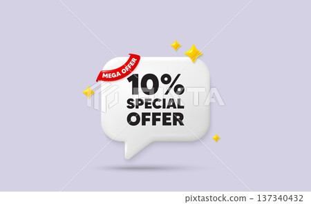 Discount chat speech bubble. Mega offer flag ribbon. 10 percent discount offer tag. Sale price promo sign. Special offer symbol. 3d sparkle stars speech bubble. Vector 137340432