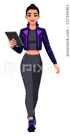 Woman walking with tablet isolated background 137340461