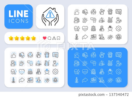Job interview, Foreman and Chemistry lab line icons for web app. Message, Share, Like social media icons. Pack of Father day, Group people, Edit person pictogram icons. Vector 137340472