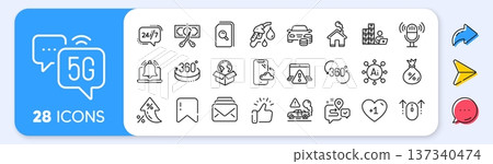 Inventory, Delivery service and Microphone line icons. Interest rate, AI generate, Inflation icons. Pack of Buy car, Swipe up, Petrol station icon. Vector 137340474