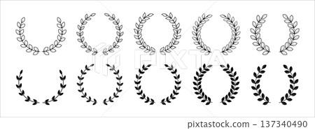 Vintage Wreath Element Set. Linear and Silhouette Decorative Laurel Frames for Logos, Badges and Elegant Design in a vector 137340490