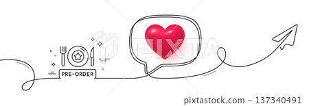 Pre-order food line icon. Continuous line with share plane. Order meal sign. Restaurant plate, fork and knife symbol. 3d heart in speech bubble. Pre-order food single line ribbon. Vector 137340491