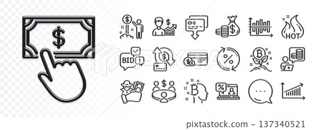 Card, Payment click and Income money line icons for web app. Glare of light effect. Message icon. Pack of Business growth, Bitcoin project, Coins bag pictogram icons. Vector 137340521