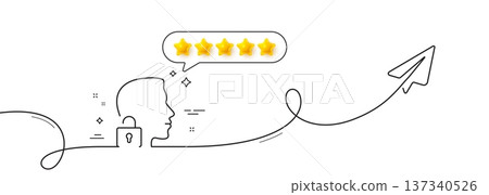 Face accepted line icon. Continuous line with share plane. Access granted sign. Unlock system symbol. Five star rate review in speech bubble. Unlock system single line ribbon. Vector Face accepted line icon. Continuous line with share plane. Access granted sign. Unlock system symbol. Five star rate review in speech bubble. Unlock system single line ribbon. Vector 137340526