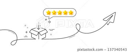 Get box line icon. Continuous line with share plane. Open delivery parcel sign. Cargo package symbol. Five star rate review in speech bubble. Get box single line ribbon. Loop curve pattern. Vector 137340543