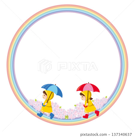 彩虹與雨衣兒童圓形相框 | 透明視窗開啟六月雨季向量圖 137340637