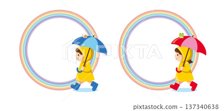 彩虹與雨衣兒童圓形相框 | 六月雨季男孩女孩插圖 彩虹與雨衣兒童圓形相框 | 六月雨季男孩女孩插圖 137340638
