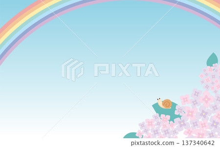 繡球花與彩虹天空背景漸層 | 六月雨季邊框廣告橫幅向量圖 137340642