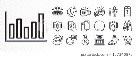 Coffee break, Add products and Inspect line icons for web app. Glare of light effect. Message icon. Pack of Voting ballot, Idea, Swipe up pictogram icons. Pillow, Sports arena, Shop signs. Vector 137340873