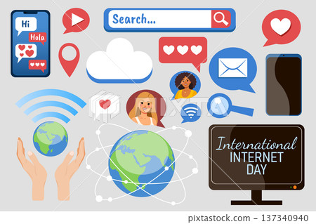 Internet Day set featuring a globe, a phone, and other devices and icons. Flat illustration. 137340940