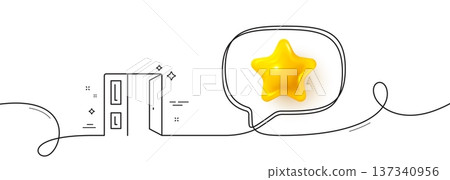 Open door line icon. Continuous line with 3d star. Entrance doorway sign. Building exit symbol. 3d star in speech bubble. Open door single line ribbon. Loop curve pattern. Vector 137340956