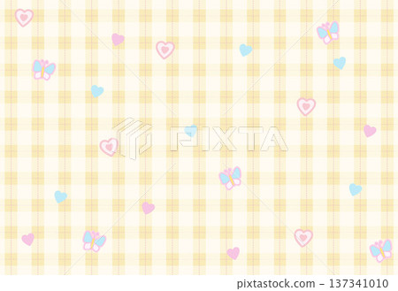 Heart and butterfly pattern on yellow checked pattern for background, wallpaper, fabric print, textile, backdrop, print, clothes, packaging, gift wrap, pyjamas, blanket, duvet, paper design, plaids Heart and butterfly pattern on yellow checked pattern for background, wallpaper, fabric print, textile, backdrop, print, clothes, packaging, gift wrap, pyjamas, blanket, duvet, paper design, plaids 137341010
